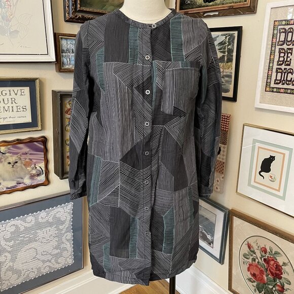 Gudrun Sjoden Black Green White Geometric Linen Print Button-Down Dress Size S - Picture 1 of 8